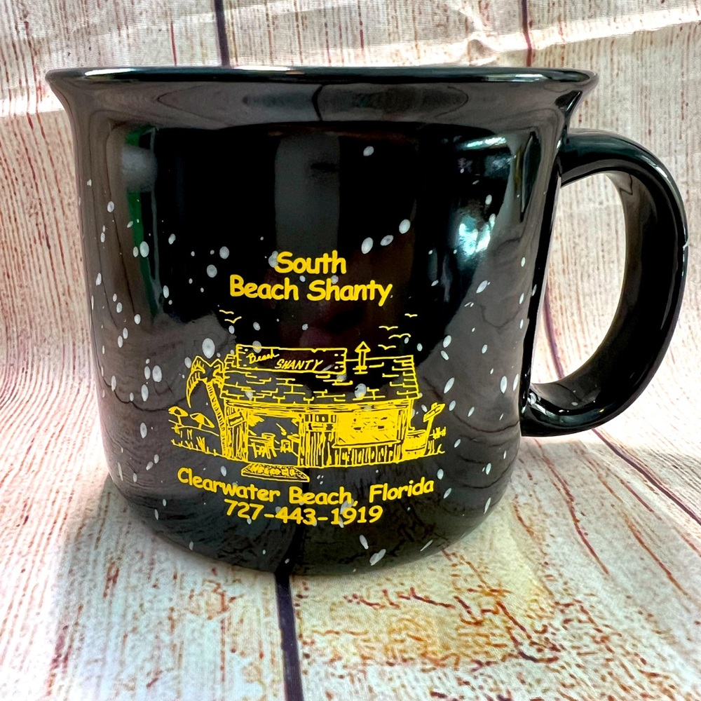 NWOT Black Mug with Yellow South Beach Shanty Design, coffee, tea, ceramic